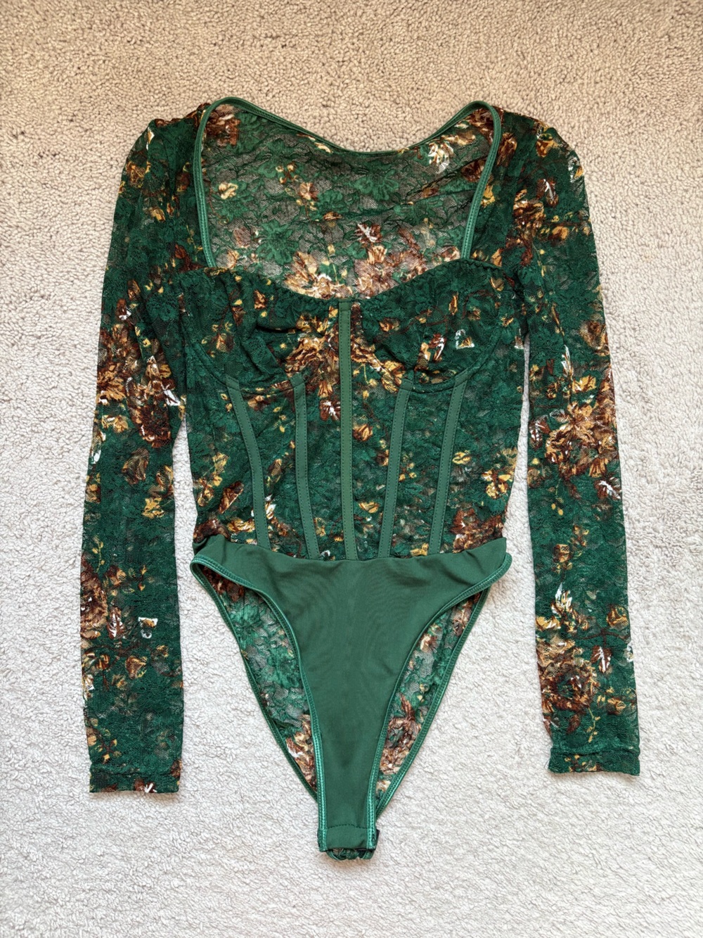 Green Floral Lace Long-Sleeve Bodysuit